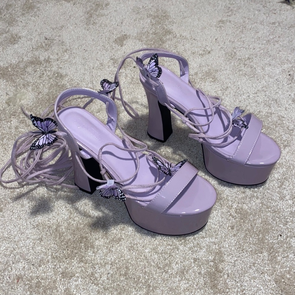 Sugar Thrillz Lilac Platform Heels with Butterlies